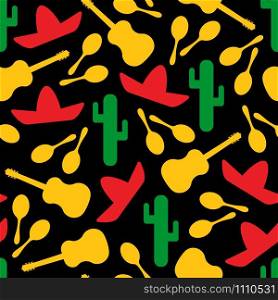 Festive outline mexican symbols seamless background. Vector pattern with silhouette cactus, sombrero, maracas and guitar. Illustraton in red, yellow, green and black colors for textile seamless print. Festive colors outline mexican seamless pattern