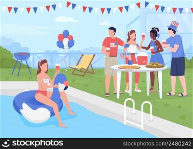 Festive party for Independence day at courtyard flat color vector illustration. Positive friends celebrating July fourth together 2D simple cartoon characters with landscape on background. Festive party for Independence day at courtyard flat color vector illustration