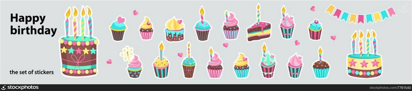 Festive pastries with birthday candles. A set of vector stickers.
