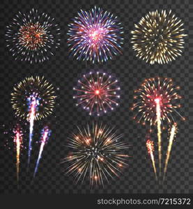 Festive patterned firework bursting in various shapes sparkling pictograms set against black background abstract vector isolated illustration. Firework pictograms black background set