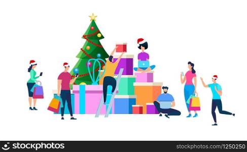 Festive People Character Preparing for New Year and Christmas Celebration. Men and Women in Santa Claus Hats Decorating Fir Tree, Purchasing Gifts, Making Presents. Cartoon Flat Vector Illustration.. Festive People Preparing for Christmas Celebration