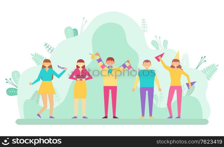 Festive people in good mood at party in park vector, partying man and woman with festival attributes and decor. Cake and paper caps on hats of friends, flags. Flat cartoon. People Celebrating Birthday Party Holiday Event