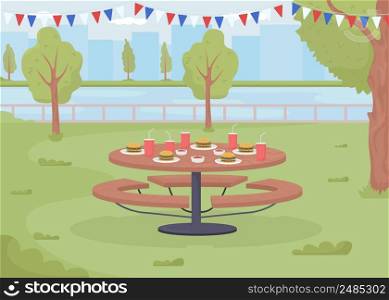Festive picnic in city park flat color vector illustration. Independence day of America celebrating. Outdoor party for July fourth 2D simple cartoon landscape with picnic table on background. Festive picnic in city park flat color vector illustration