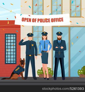 Festive Police People Composition. Flat characters of policemen with police dog in front of office with festive decorations and confetti vector illustration