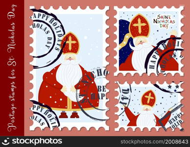 Festive postage stamps. Stamps for the day of St. Nicholas. Congratulations on the holiday. Sinterklaas eve. Old man. Christian character. Gifts for babies. CREATIVE ENVELOPE STICKERS. VECTOR ILLUSTR. Festive postage stamps. Stamps for the day of St. Nicholas. Congratulations on the holiday. Sinterklaas eve. Old man. Christian character. Gifts for babies. CREATIVE ENVELOPE STICKERS. VECTOR ILLUSTRA