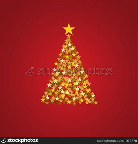 Festive poster Christmas background with copy space. Golden stars and tree on red