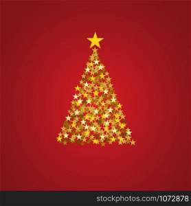 Festive poster Christmas background with copy space. Golden stars and tree on red