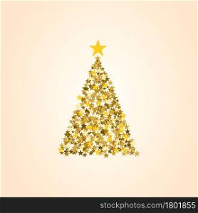 Festive poster Christmas background with copy space. Golden stars and tree on white