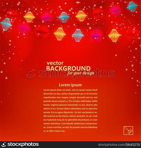 Festive red background with garland of paper lanterns. Vector illustration.
