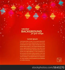 Festive red background with garland of paper lanterns. Vector illustration.