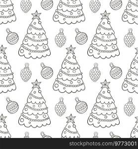 Festive seamless pattern with Christmas tree and decoration on a white background. Hand drawn doodle vector illustration