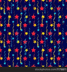Festive seamless pattern with colorful stars and serpentine for christmas, birthday party, holidays, vector illustration. Festive seamless pattern with stars and serpentine