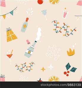 Festive seamless pattern with holiday elements and symbols. Colorful design for gift box, wallpapers, decorations. Festive seamless pattern with holiday elements and symbols