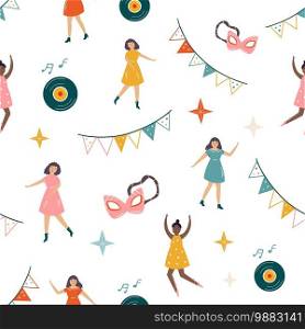 Festive seamless pattern with holiday elements and symbols., dancing women. Colorful design for gift box, wallpapers, decorations. Festive seamless pattern with holiday elements and symbols, dancing women