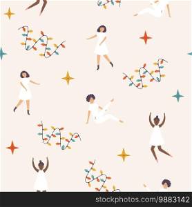 Festive seamless pattern with holiday garlands and dancing beautiful women. Colorful design for gift box, wallpapers, decorations. Festive seamless pattern with holiday garlands and dancing beautiful women