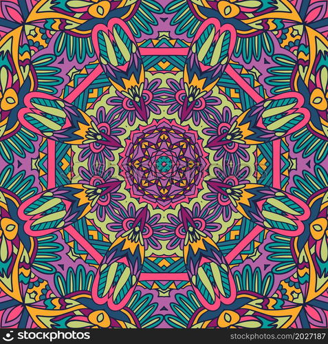 Festive seamless pattern with medallion mandala Boho style ornamental. Abstract psychedelic colorful seamless flower design. Floral ethnic festive pattern for fabric. Abstract geometric colorful seamless mandala flower ornamental.