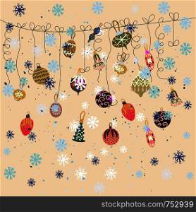 Festive season decor in scandinavian style. Festive background with snowflakes, presents and Christmas tree. illustration.. Scandinavian style festive season decor with fluffy snowflakes on beige background