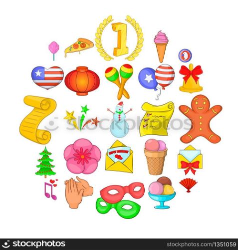 Festive season icons set. Cartoon set of 25 festive season vector icons for web isolated on white background. Festive season icons set, cartoon style