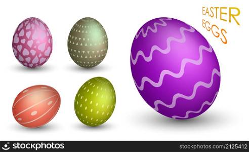 Festive set of Easter eggs. Realistic mother of pearl shiny eggs decorated with ornaments. 3d vector isolated on white background