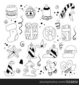 Festive set of outline different elements for the new year. Line art decorations, Christmas tree, Santa hat and elf, gift and sweet. Vector hand drawn objects for icon, card, banner and your creativity. Festive set of outline different elements for the new year. Line art decorations, Christmas tree, Santa hat and elf, gift and sweet. Vector hand drawn objects