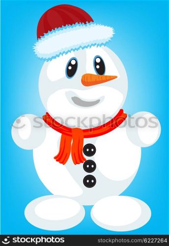 Festive snow person on turn blue background. Festive snow person