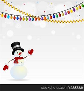 Festive snowman in hat on the background with garlands