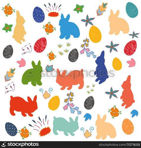 Festive spring background. Painted eggs, flowers and rabbits. For your design, greeting cards, fabrics, announcements.. Easter bunny, flowers and decorated eggs background.
