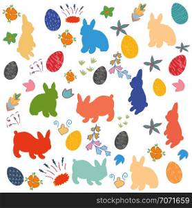 Festive spring background. Painted eggs, flowers and rabbits. For your design, greeting cards, fabrics, announcements.. Easter bunny, flowers and decorated eggs background.