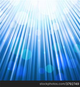Festive sun rays background of blue color with bokeh defocused lights. Vector eps10.