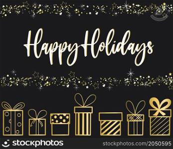 Festive template for happy holidays. Christmas and New Year background with lettering and golden gifts. Banner or greeting card vector. Festive template for happy holidays