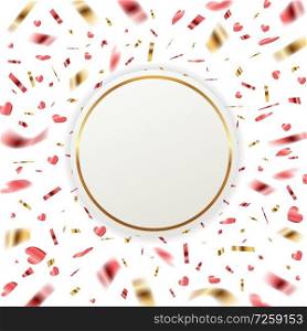 Festive vector banner with red and golden confetti on a white background. Valentine’s day greeting card. 