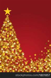Festive vertical Christmas background with copy space. Golden stars and tree on red