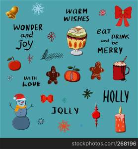 Festive wishes hand lettering with cute illustration. . Seasonal greeting with hand lettering and elements.