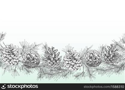 Festivev background template with seamless pattern garland border realistic botanical ink sketch of fir branches with pinecone in black and white colors and places for your text . Vector illustrations. Festivev background template with seamless pattern realistic botanical ink sketch of fir tree branches with pine cone in black and white colors isolated on white. Vector illustrations