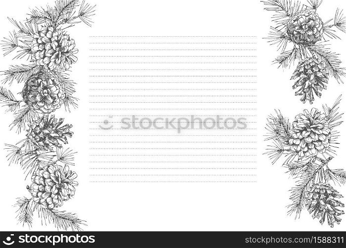 Festivev background template with seamless pattern garland border realistic botanical ink sketch of fir branches with pinecone in black and white colors and places for your text . Vector illustrations. Festivev background template with seamless pattern realistic botanical ink sketch of fir tree branches with pine cone in black and white colors isolated on white. Vector illustrations