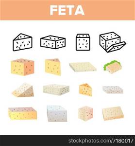 Feta, Cow Dairy Product Vector Linear Icons Set. Differently Shaped And Colored Feta Cheese Slice. Fresh Natural Snack Thin Line Pictograms. Greek Cheese With Holes, Curd Product Flat Illustrations. Feta, Cow Dairy Product Vector Linear Icons Set