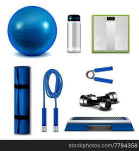 Fetness realistic set with ball water bottle and mat isolated vector illustration. Fetness Realistic Set