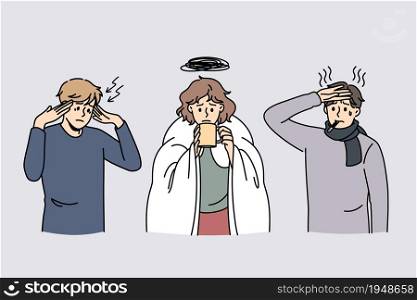 Fever and feeling sick concept. Group of young people standing touching heads and foreheads feeling fever and ill having high temperature vector illustration. Fever and feeling sick concept