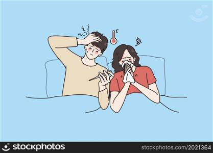Fever and getting cold concept. Young couple man and woman staying in bed with high temperature feeling ill sick and having flu vector illustration . Fever and getting cold concept.