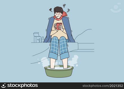 Fever and getting flu concept. Young sad man in warm clothes and scarf sitting with hot drink measuring temperature and making bath for foot vector illustration . Fever and getting flu concept.