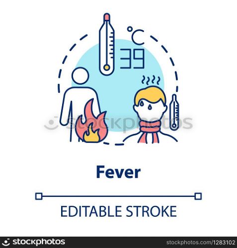 Fever concept icon. High temperature. Inflammation from virus. Patient unwell. Body ache. Flu symptom idea thin line illustration. Vector isolated outline RGB color drawing. Editable stroke