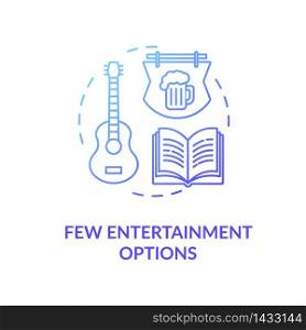 Few entertainment options blue concept icon. No music events. Leisure in pub and bar. Village lifestyle disadvantage idea thin line illustration. Vector isolated outline RGB color drawing. Few entertainment options blue concept icon