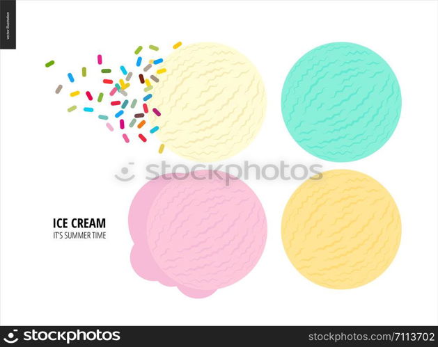 Few ice cream scoops on a white background - a vector cartoon flat illustration of vanilla, pink fruit, white and blue mint ice cream scoops on a white backround and a hip of colorful sprinkles. Few ice cream scoops on a white background