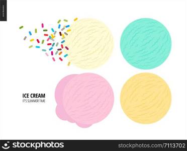 Few ice cream scoops on a white background - a vector cartoon flat illustration of vanilla, pink fruit, white and blue mint ice cream scoops on a white backround and a hip of colorful sprinkles. Few ice cream scoops on a white background