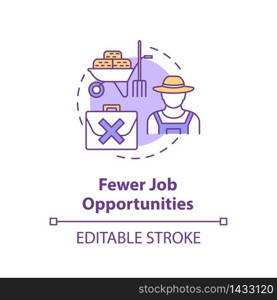 Fewer job opportunities concept icon. Unemployment in village. Farmer work. Jobless man. Country living idea thin line illustration. Vector isolated outline RGB color drawing. Editable stroke. Fewer job opportunities concept icon