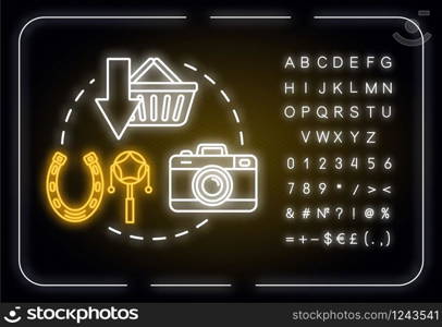 Fewer souvenirs neon light concept icon. Money saving advice for travelers, budget tourism idea. Outer glowing sign with alphabet, numbers and symbols. Vector isolated RGB color illustration