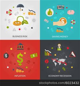 Ffinancial Crisis 4 Flat Icons Square. Financial crisis 4 flat Icons composition poster with inflation and recession business risks abstract isolated vector illustration