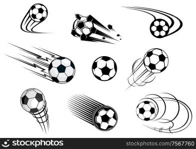 Fflying soccer balls set with motion trails for sports emblem and logo design