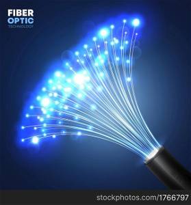 Fiber optic communication technology. Realistic vector cable with glowing bright blue light bundle of optic fibers. Telecommunication, data and Internet data transfer future tech background. Fiber optics technology glowing cable background