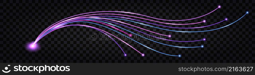 Fiber optic network technology, impulse cable lines, neon glowing light, blue and purple wires with flare bolt effect. Isolated design element on transparent background, vector illustration